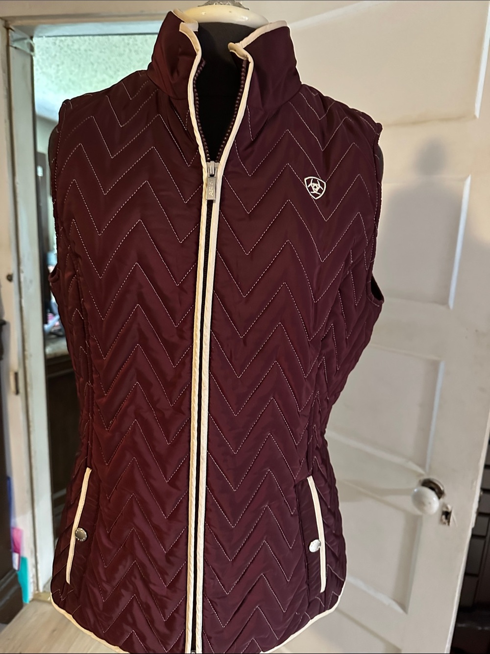 Quilted Burgundy Sleeveless Vest with Contrast Trim ariat